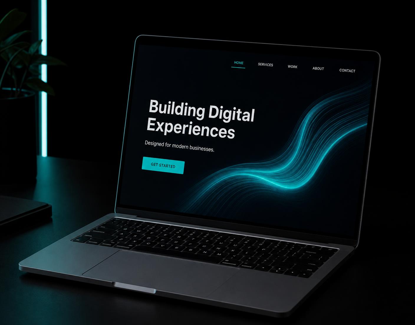 Laptop displaying an example REBLEA-designed dark business website